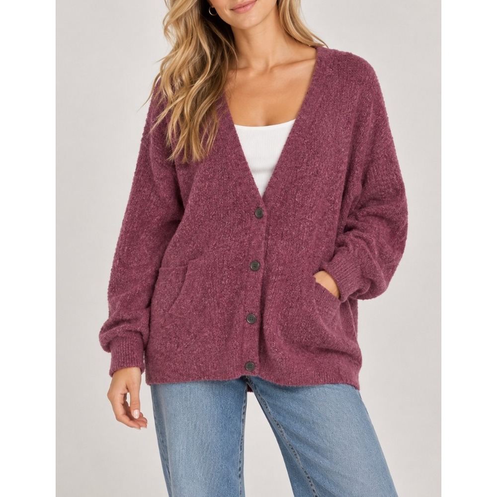 Free People Womens Oversized Alpaca Wool Mohair Blend Cardigan Berry Purple M